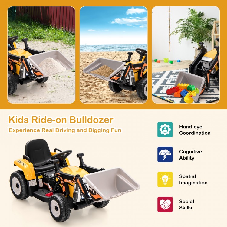Kids ride-on excavator in yellow with adjustable bucket, designed for smooth outdoor fun and safe operation.