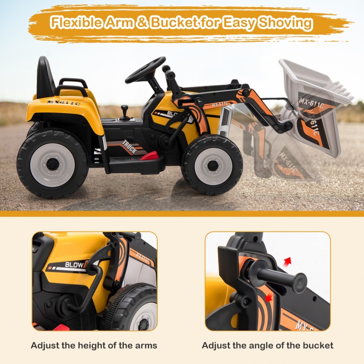 Kids ride on yellow excavator with adjustable arm and bucket, featuring remote control and anti-slip wheels for smooth.