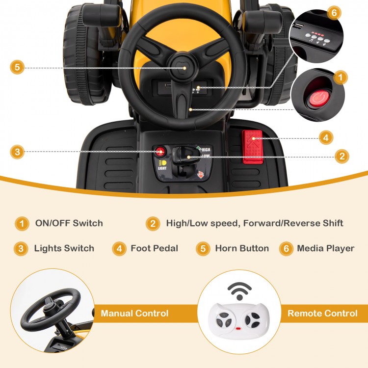 Close-up of the steering wheel and control panel of a yellow 12V battery-powered kids ride-on excavator for easy.
