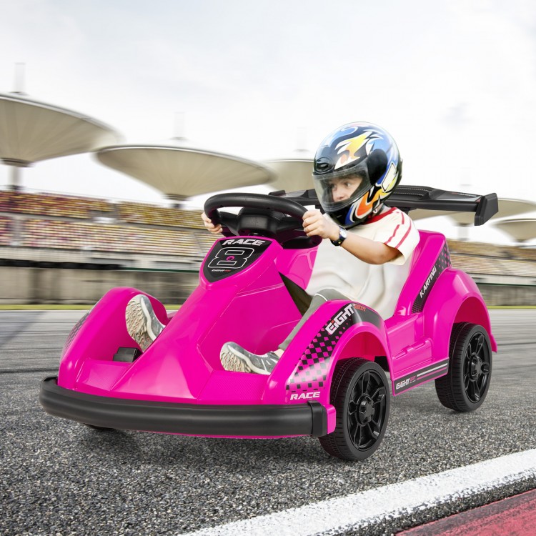 Kids 6V ride-on go-kart in pink with remote control, safety belt, and spacious seat for fun outdoor driving.