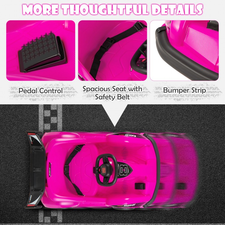 Top view of the pink Kids 6V Ride On Go Cart featuring a spacious seat, safety belt, and pedal control for fun driving.