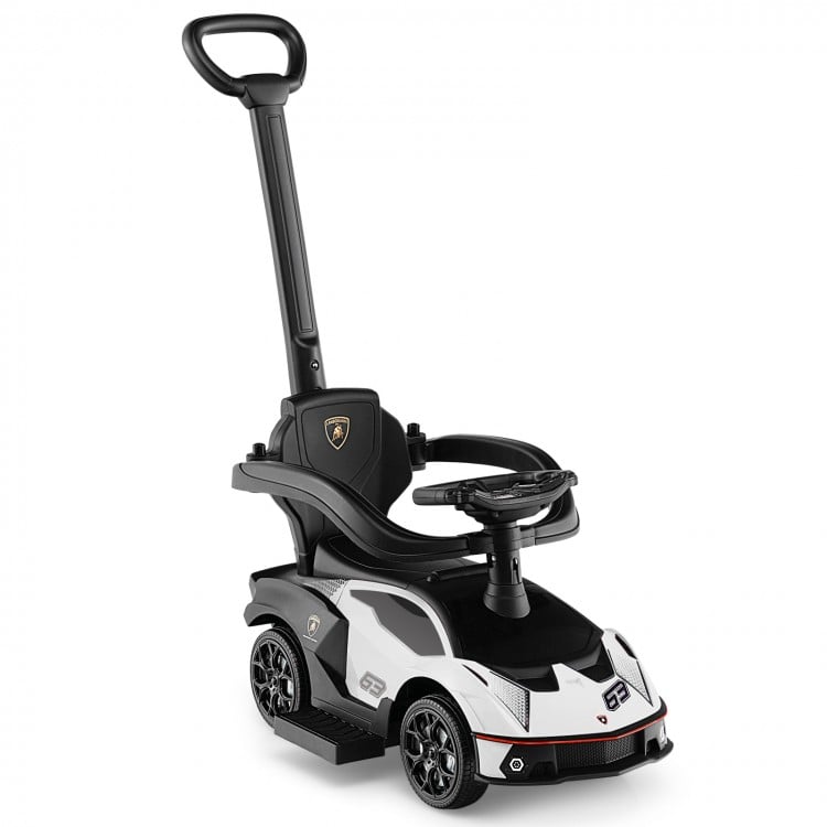 3-in-1 licensed Lamborghini ride-on push car in white with handle, guardrail, and storage for kids' toys.