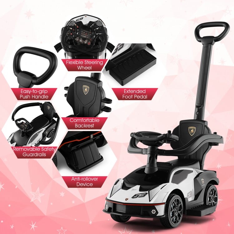 3-in-1 licensed Lamborghini ride-on push car in white with flexible steering wheel, removable guardrails, and extended.