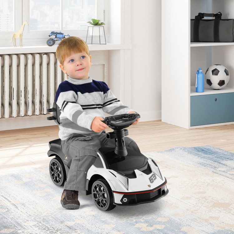 White 3-in-1 Lamborghini ride-on push car with handle and guardrail, perfect for toddlers aged 1-3 years.