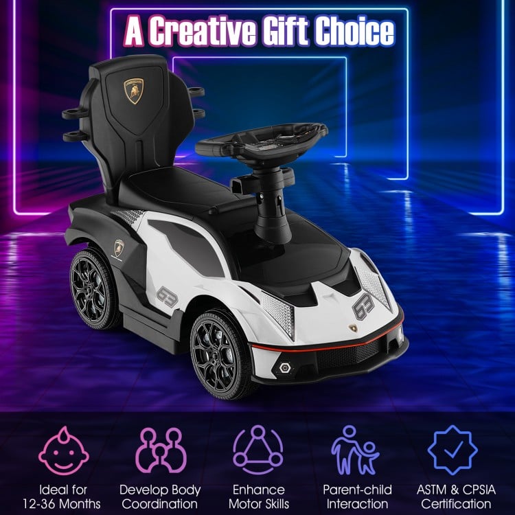 3-in-1 licensed Lamborghini ride-on push car in white, designed for kids 12-36 months, featuring durable frame and.