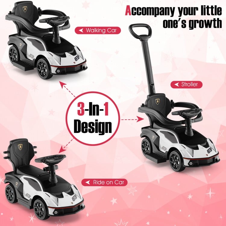 3-in-1 Lamborghini ride-on push car in white, convertible to stroller, with durable frame and storage compartment for.