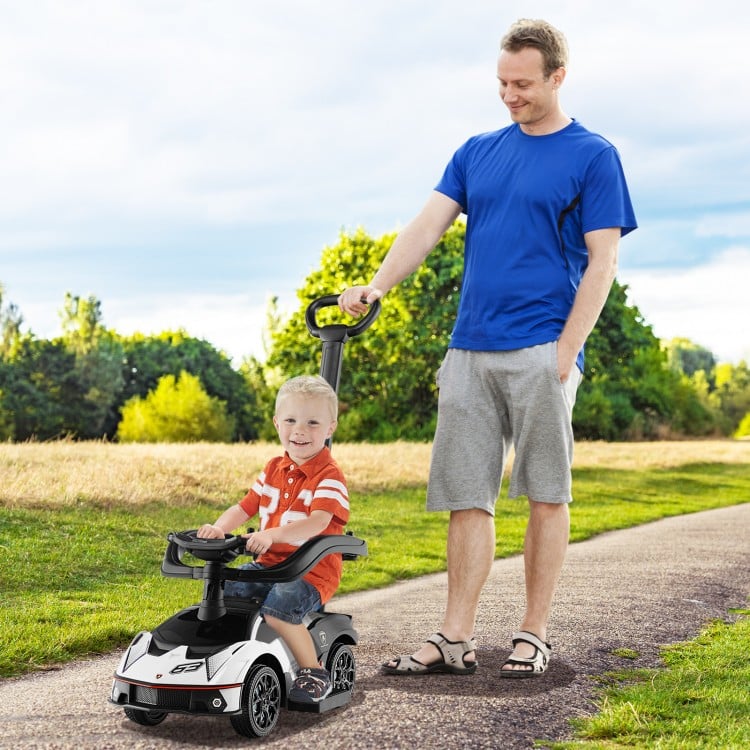 3-in-1 Lamborghini ride-on push car in white with a parent handle, ideal for kids aged 1-3 for outdoor fun.
