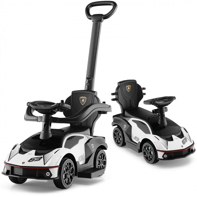 3-in-1 licensed Lamborghini ride-on push car in white with handle, guardrails, and storage for kids' toys.