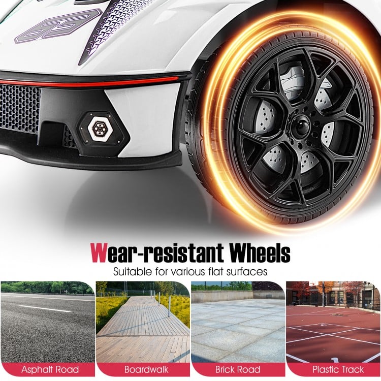 Close-up of wear-resistant wheels on the 3-in-1 Lamborghini ride-on car, suitable for various flat surfaces.