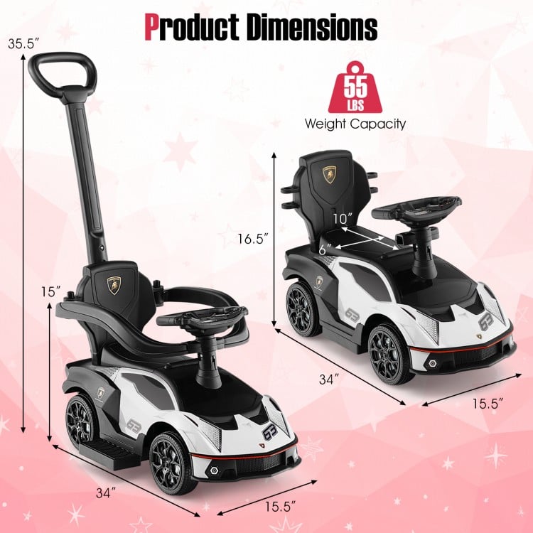 3-in-1 licensed Lamborghini ride-on push car in white with handle, guardrail, and storage compartment for kids' toys.