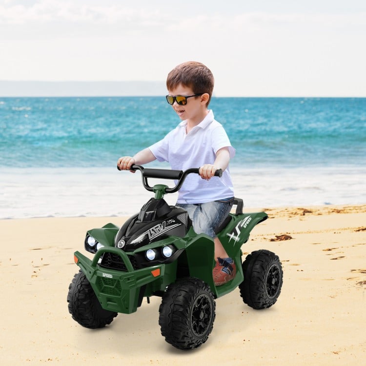 Kids ride-on ATV in army green, featuring high/low speed, comfortable seat, and bright headlights for fun beach rides.