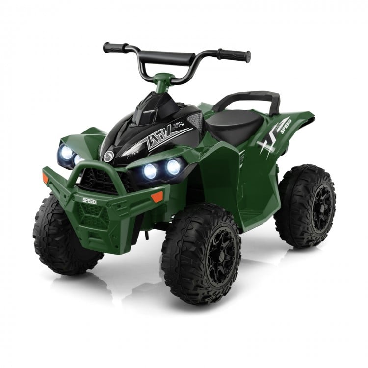 Kids ride-on ATV in army green with high/low speed, bright headlights, and comfortable seat for outdoor fun.