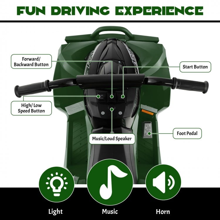 Kids ride-on ATV controls featuring forward/backward button, speed settings, music speaker, and comfortable seat in.