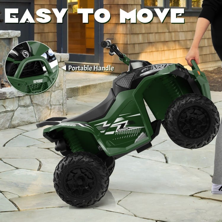 Kids ride-on ATV in army green with a portable handle for easy movement, featuring high/low speed options and.