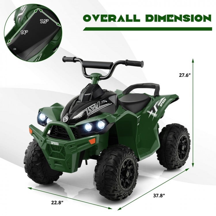 12V kids ride-on ATV in army green with high/low speed, comfortable seat, and anti-slip wheels for safe outdoor fun.