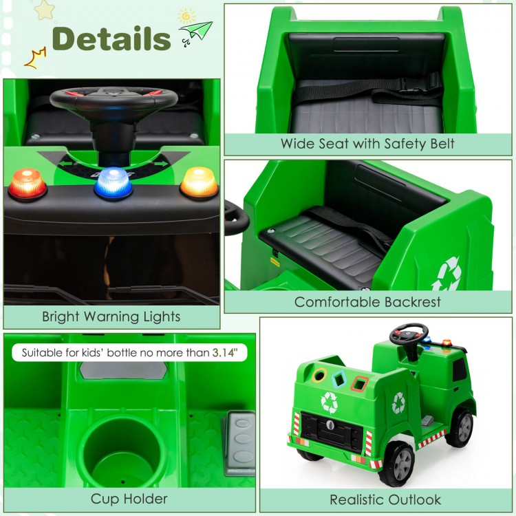 Green 12V kids ride-on garbage truck with wide seat, safety belt, warning lights, and cup holder for fun recycling play.