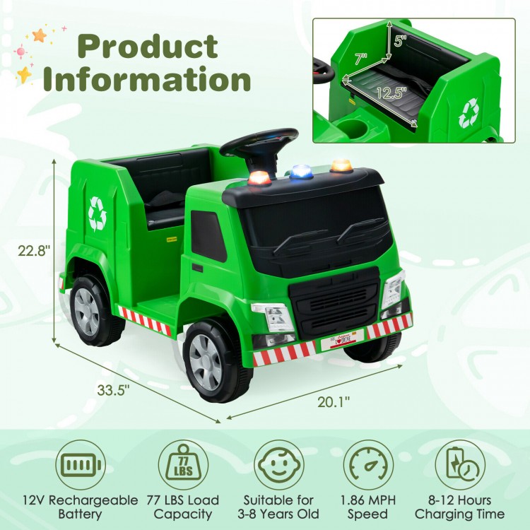 Green 12V kids ride-on garbage truck with warning lights, recycling accessories, and safety features for ages 3-8.