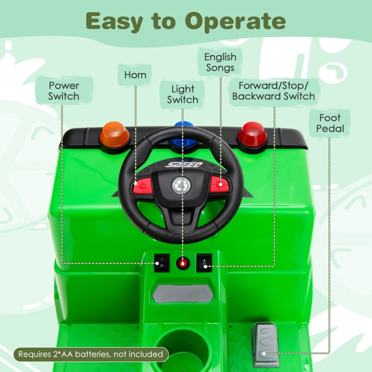 Top view of the 12V Kids Ride-on Garbage Truck control panel featuring buttons, steering wheel, and foot pedal for easy.