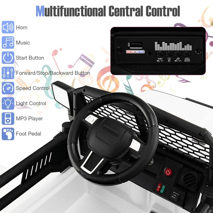 Multifunctional central control panel of the 12V kids ride-on truck featuring USB, music controls, and speed settings.