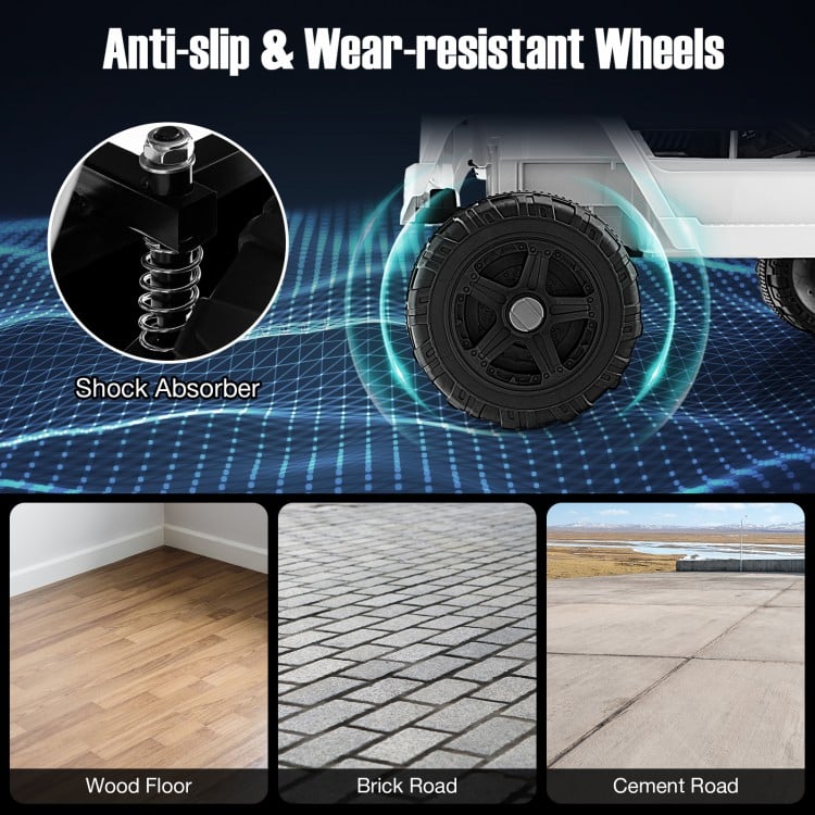 Wear-resistant anti-slip wheels with shock absorber for the 12V Kids Ride On Truck, suitable for various surfaces.