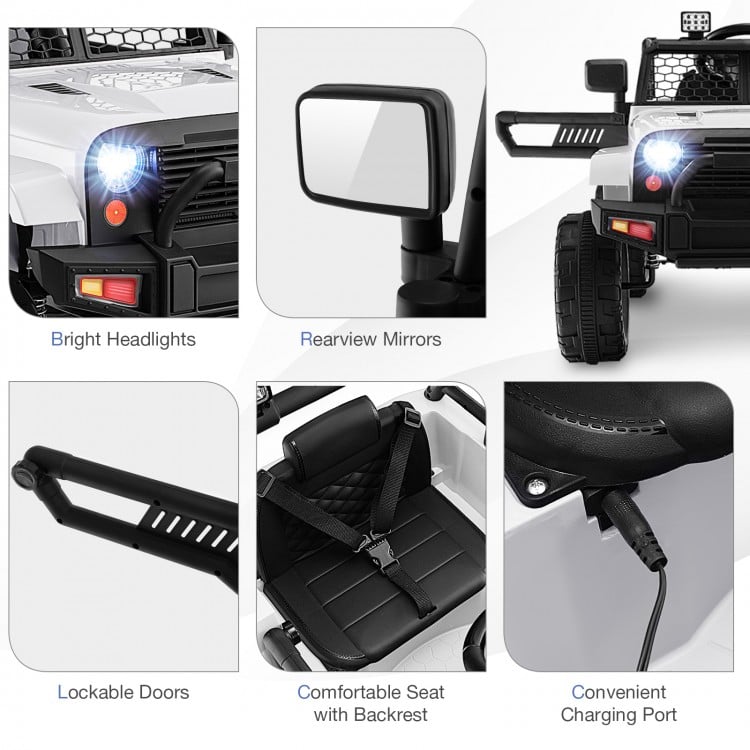 Close-up of the 12V Kids Ride On Truck's bright headlights, rearview mirrors, and comfortable seat with backrest.