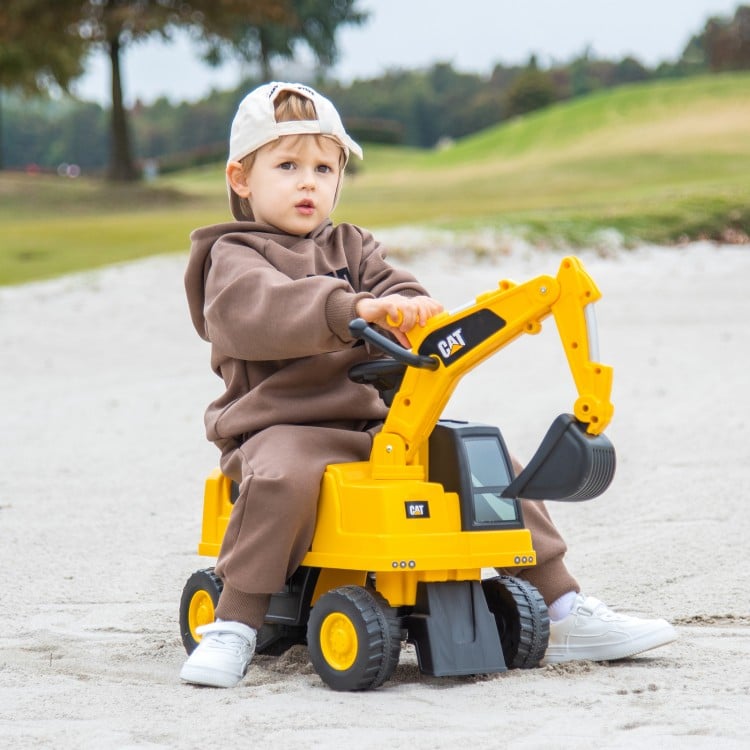 Licensed Caterpillar kids ride-on digger in yellow, featuring a control lever and flexible steering for ages 1-3.