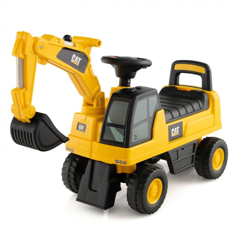 Yellow licensed Caterpillar kids ride-on digger featuring a backrest and anti-tumble shelf, designed for children aged.