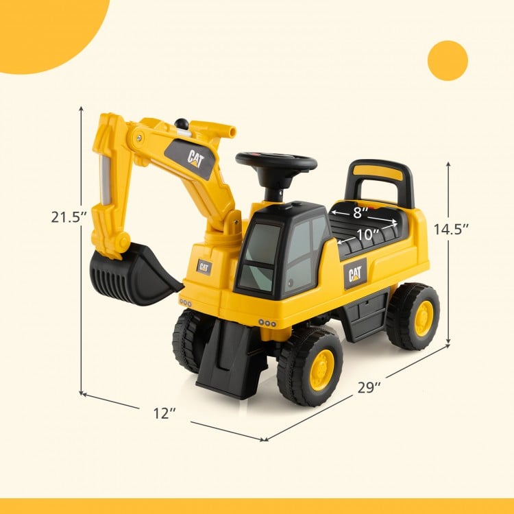 Licensed Caterpillar kids ride-on digger in yellow with control lever, flexible steering, and under-seat storage for.