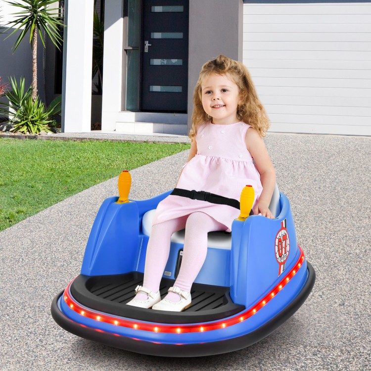 Blue 12V electric kids ride-on bumper car with flashing lights, featuring dual joysticks and adjustable safety belt for.