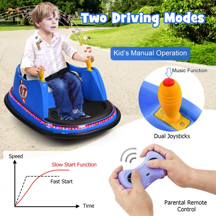 Blue 12V electric kids ride-on bumper car with dual joysticks, flashing lights, and adjustable safety belt for toddlers.