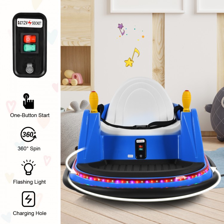 Blue 12V electric kids ride-on bumper car with flashing lights, dual joysticks, and adjustable safety belt for toddlers.