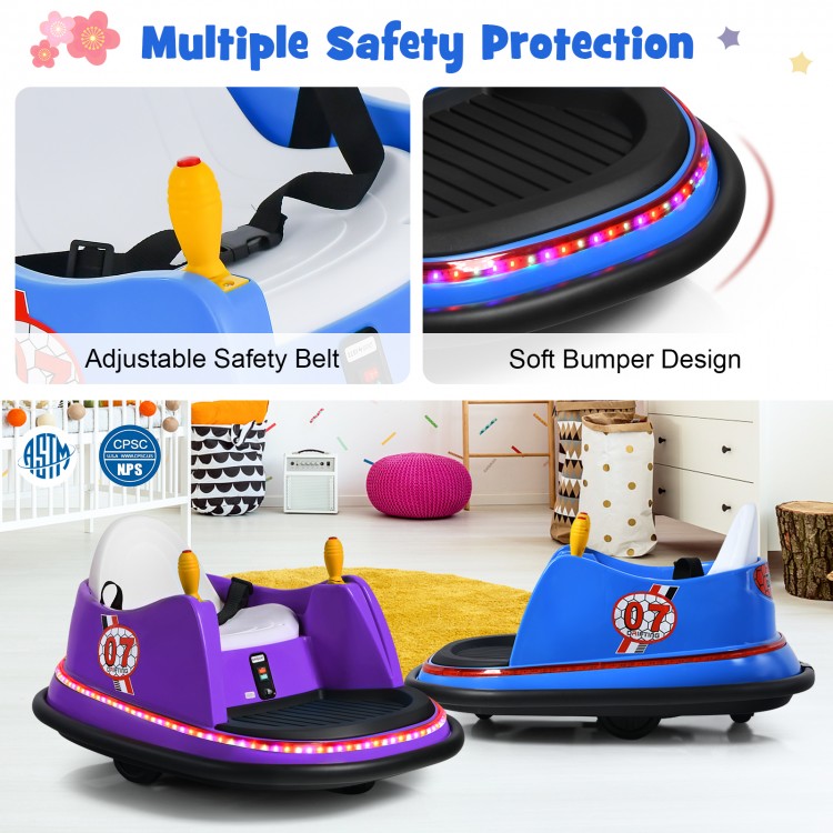 Blue 12V electric kids ride-on bumper car with adjustable safety belt, flashing lights, and dual joysticks for toddlers.