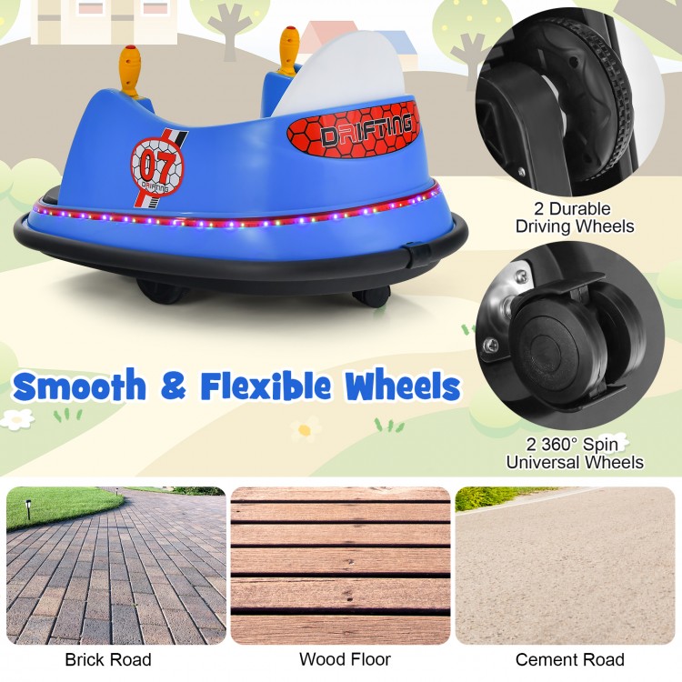 Blue 12V electric kids bumper car with flashing lights, dual joysticks, and 360-degree swivel wheels for toddlers.