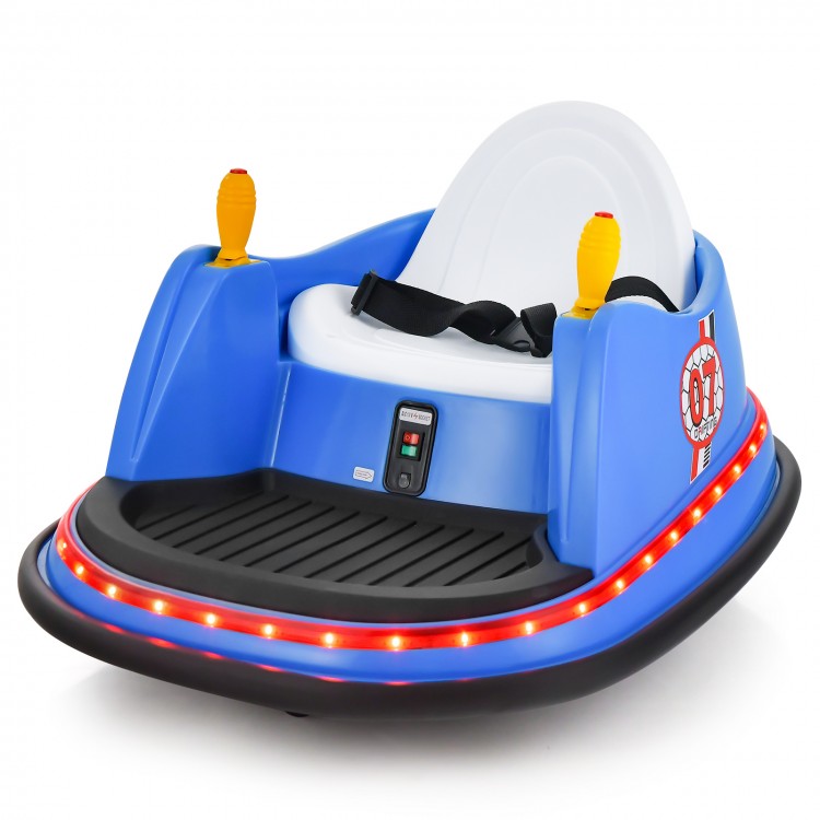 Blue 12V electric kids bumper car with flashing lights, dual joysticks, and adjustable safety belt for toddlers aged.
