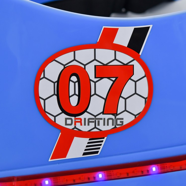 Blue bumper car featuring "07 DRIFTING" sticker, designed for kids aged 2-5 with flashing lights and dual joysticks.