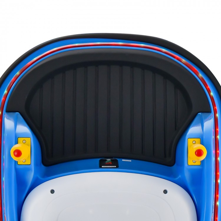 Top view of the blue 12V electric kids ride-on bumper car featuring a wide seat, adjustable safety belt, and flashing.