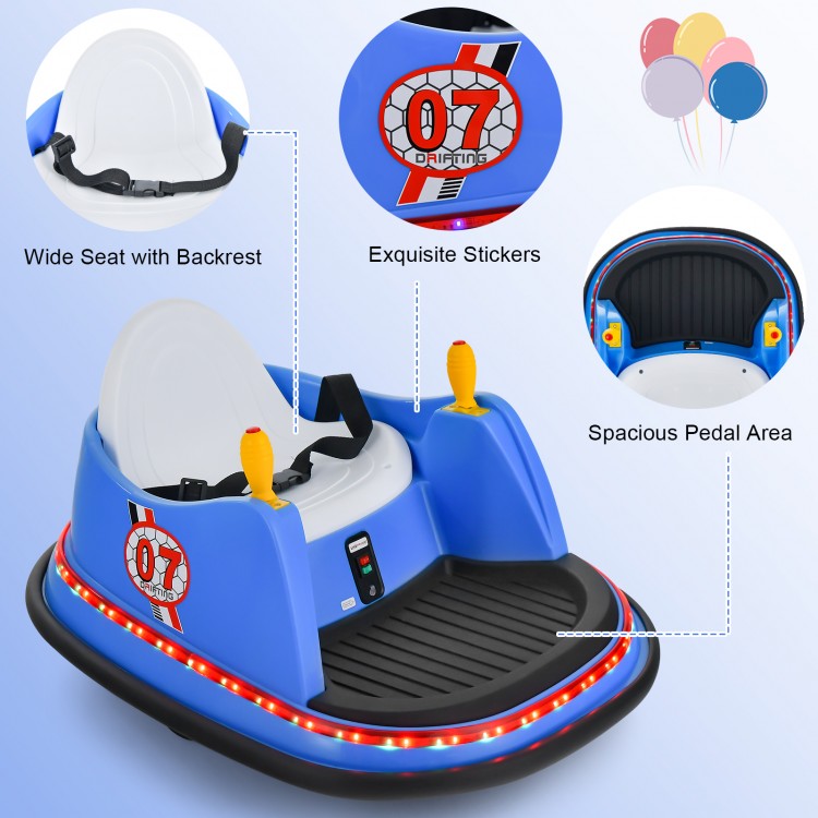 Blue 12V electric kids bumper car featuring a wide seat, backrest, and flashing lights for toddlers aged 2-5 years.