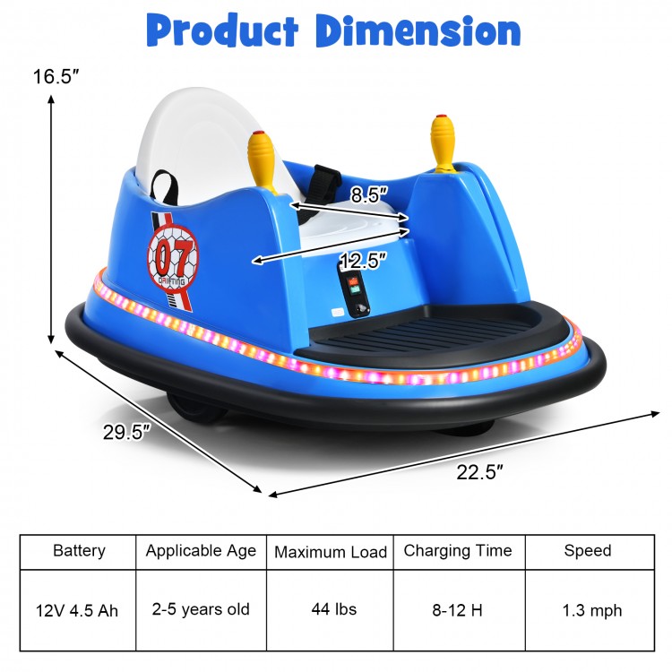 Blue 12V electric kids ride-on bumper car with flashing lights, adjustable safety belt, and dual joysticks for toddlers.