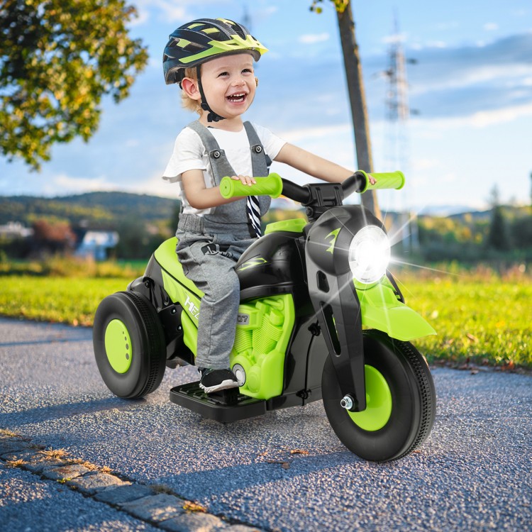 Kids electric ride-on motorcycle in green with LED headlight, music function, and bubble maker for outdoor fun.