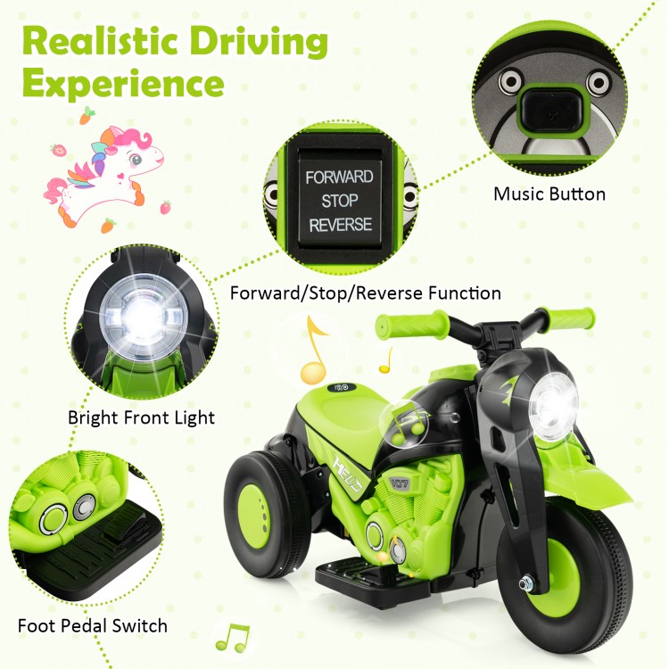 Kids electric ride-on motorcycle in green with LED headlight, music function, and bubble maker for fun outdoor play.