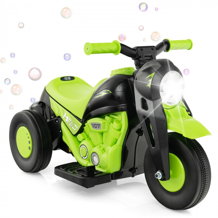 Kids electric ride-on motorcycle in green with bubble maker, music, LED headlight, and supportive footrest for fun.