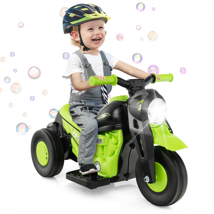 Kids electric ride-on motorcycle in green with bubble maker, music, and LED headlight for fun outdoor rides.