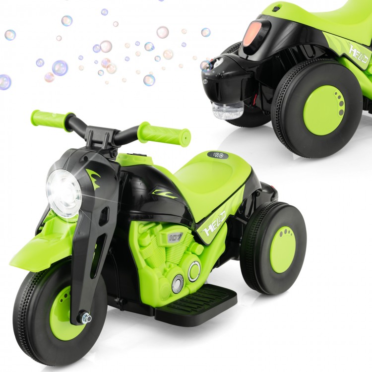 Kids electric ride-on motorcycle in green with bubble maker, music function, and LED headlight for safe fun.