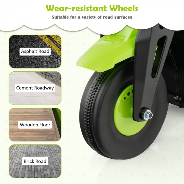 Close-up of the wear-resistant wheel of a green 6V kids electric motorcycle, suitable for various road surfaces.