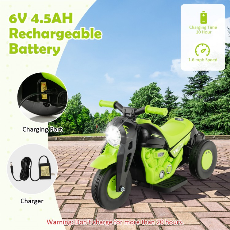 Side view of the green 6V kids electric ride-on motorcycle showcasing the charging port and included charger for easy.