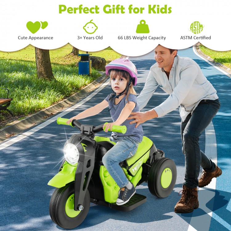 Kids electric ride-on motorcycle in green, featuring a comfortable seat, music, and bubble maker for fun outdoor play.