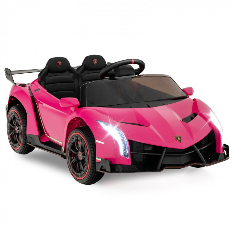 Pink 12V licensed Lamborghini kids ride-on sports car with LED headlights and remote control for ages 3-8.