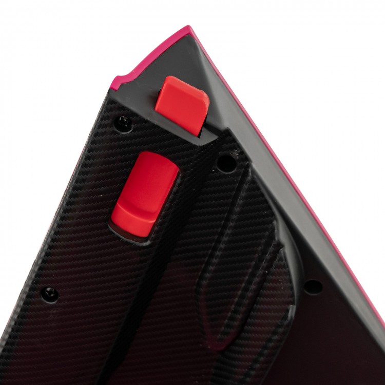 Close-up of the control panel on the pink 12V Lamborghini kids ride-on car, featuring speed selection and safety.