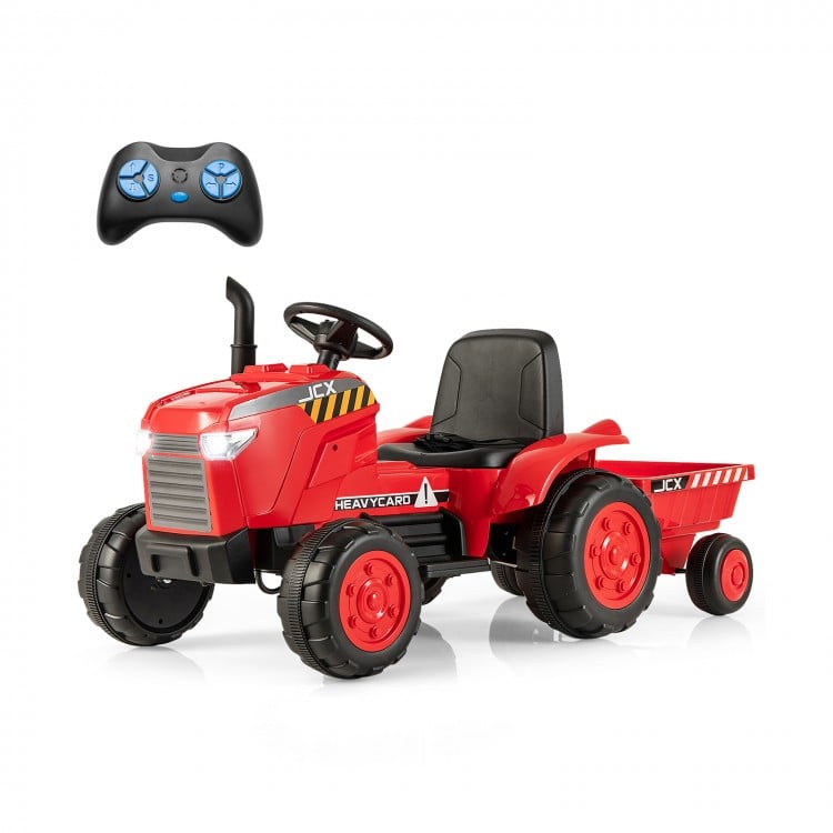 Red 12V kids ride-on tractor with detachable trailer and remote control, designed for safe outdoor play and fun.