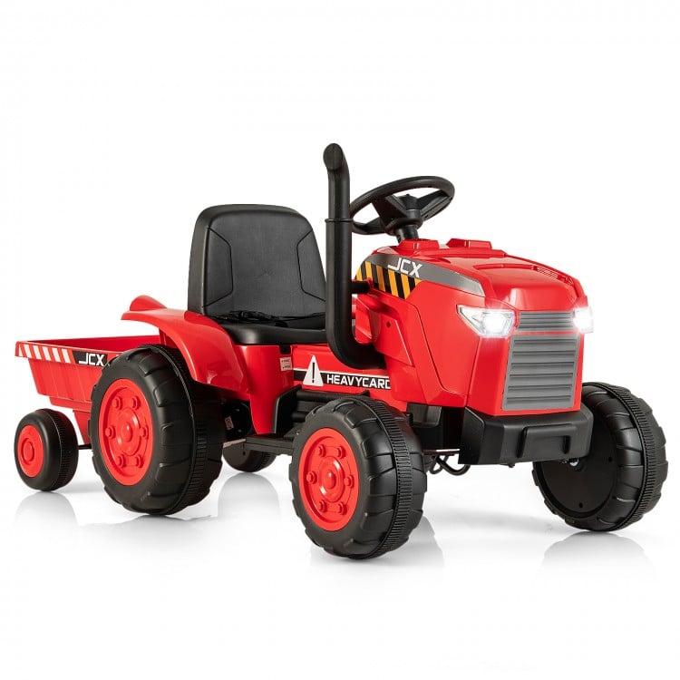 Red 12V kids ride-on tractor with detachable trailer, remote control, and premium wheels for varied outdoor play.